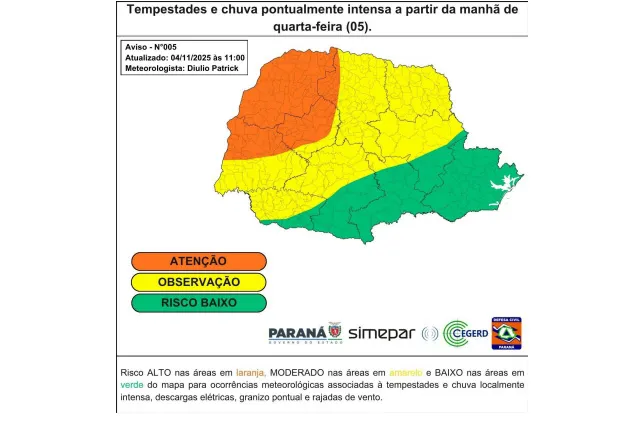 Simepar alerta para novos temporais nos próximos dias; Defesa Civil orienta cuidados