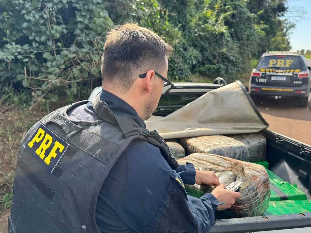 PRF apreende 554 kg de drogas em caminhonete clonada após perseguição na rodovia PR-323